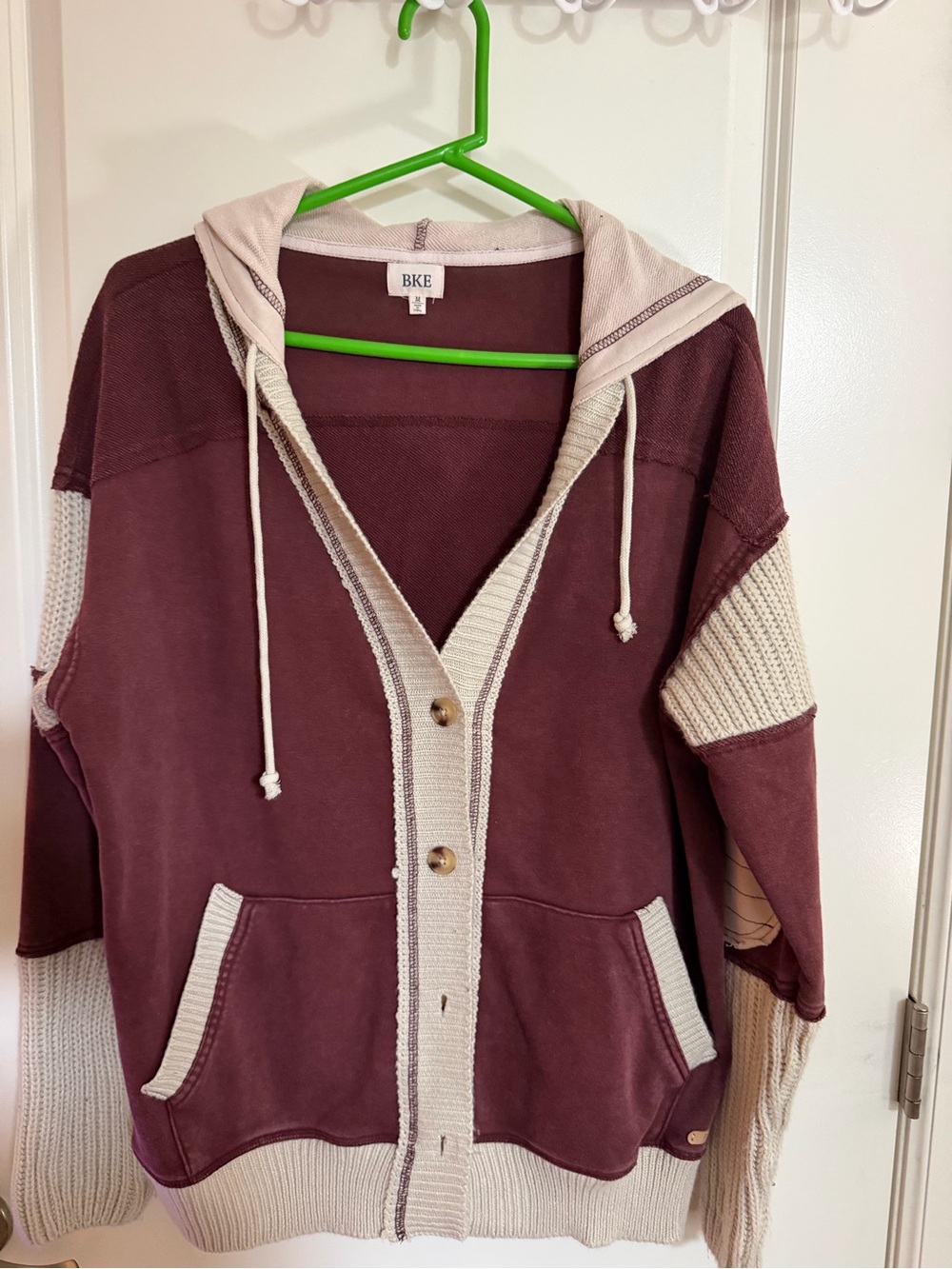 BKE Maroon and Cream Hooded Button Cardigan